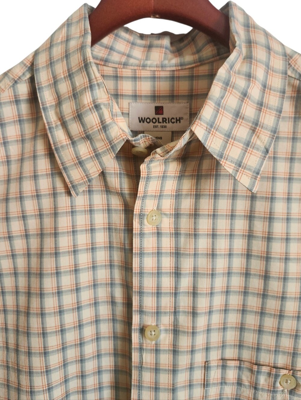 Woolrich Mens Plaid Short Sleeve Button Down Shirt Saffron Blue Large